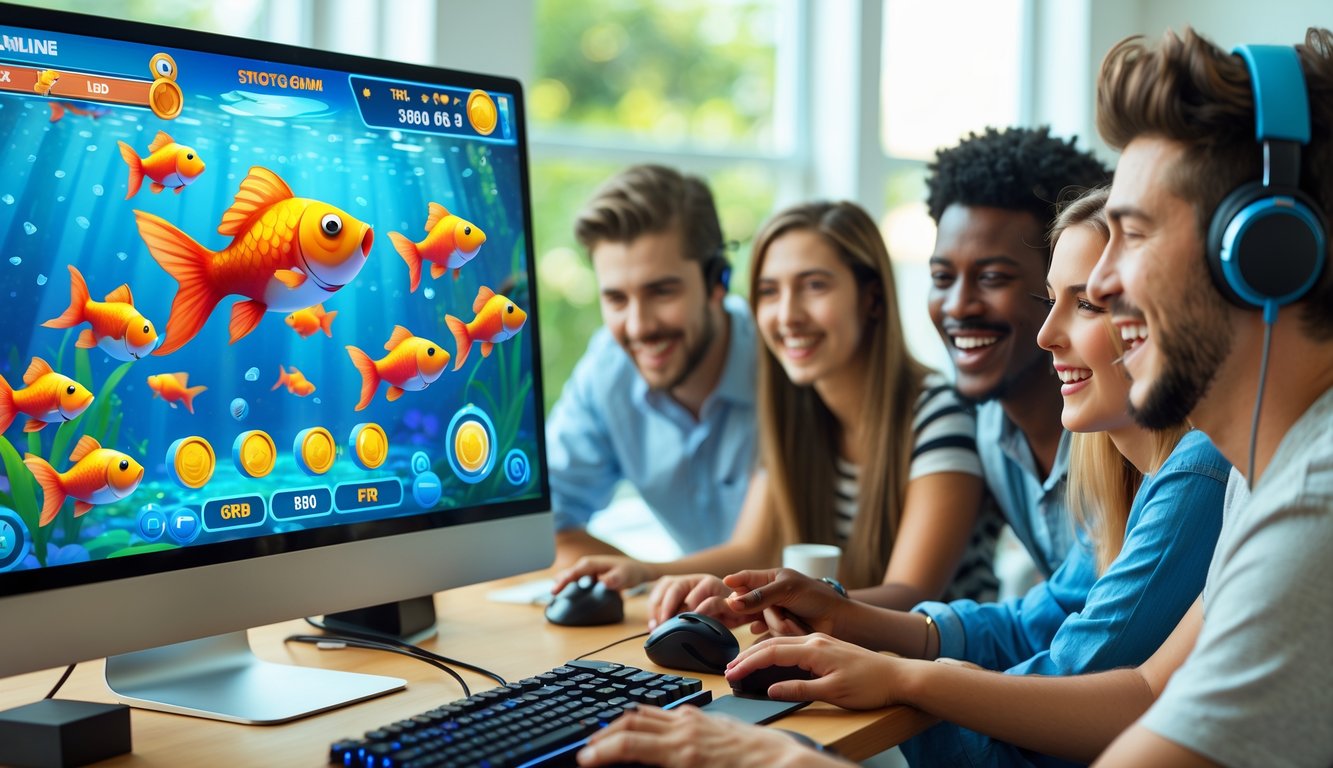 Beberapa orang muda sedang bermain permainan menembak ikan mas online di depan komputer dengan layar berwarna-warni dan ekspresi antusias.