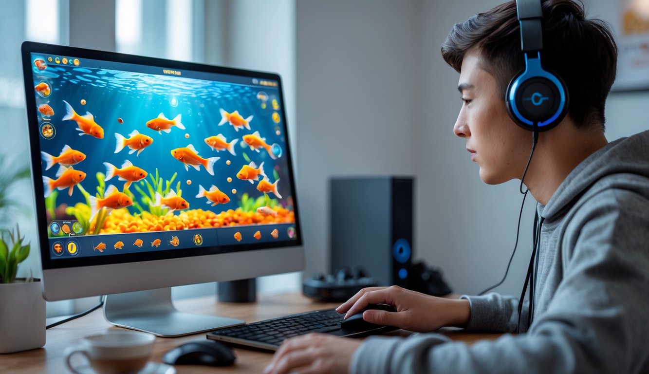 Seorang pemain muda sedang bermain game tembak ikan goldfish online di komputer di sebuah ruangan yang rapi dan terang.