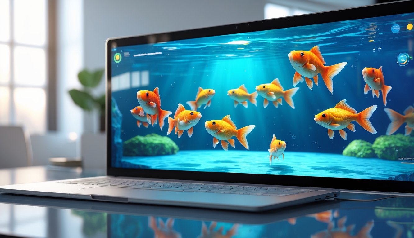 Tampilan layar komputer menampilkan permainan tembak ikan dengan ikan mas berwarna cerah berenang di air jernih.
