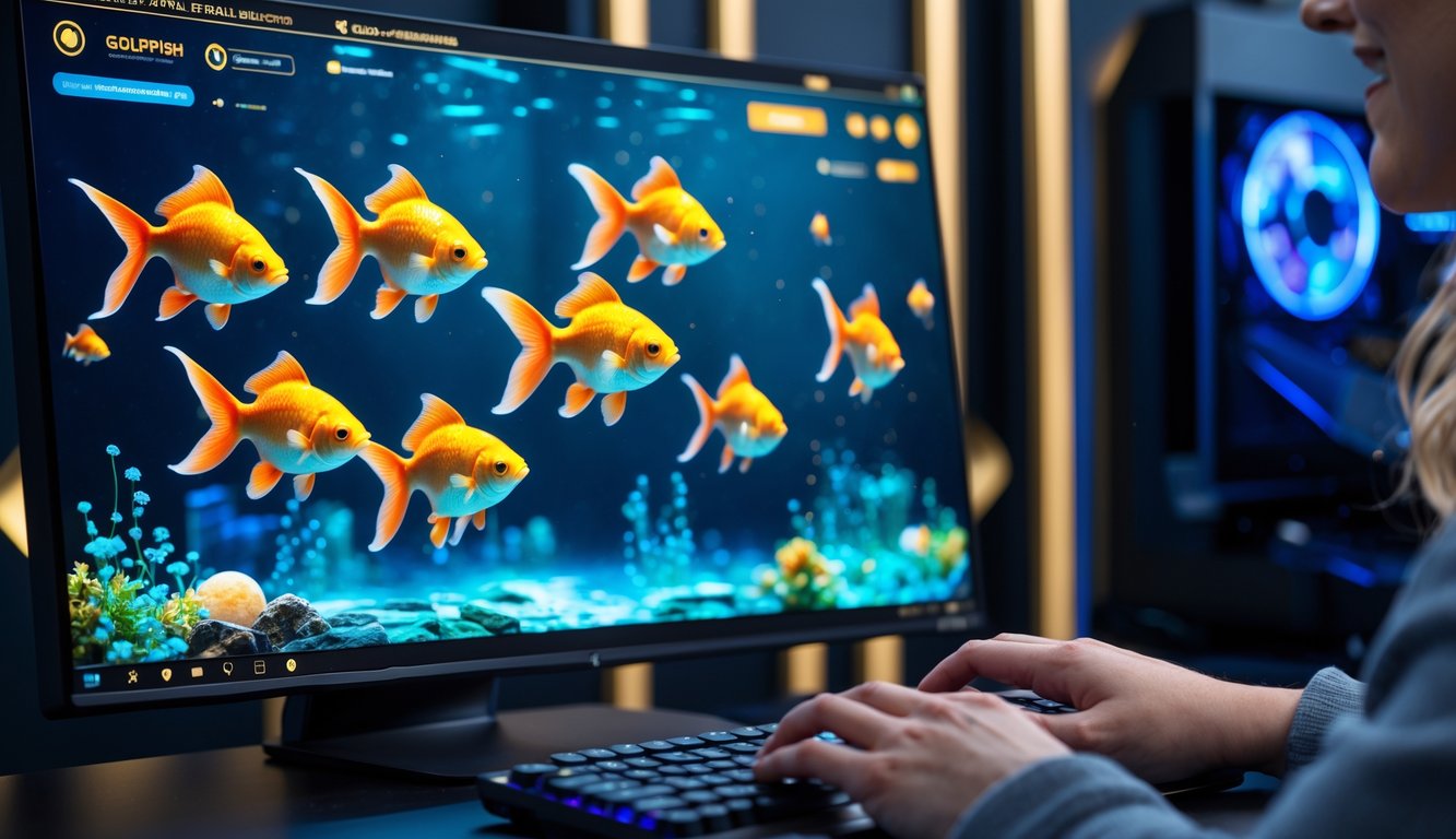 Seseorang bermain permainan tembak ikan dengan gambar ikan mas berwarna cerah di layar komputer.