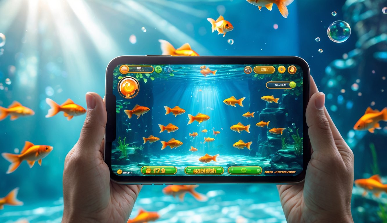 Layar perangkat menunjukkan permainan tembak ikan dengan ikan mas berwarna-warni di latar bawah air.