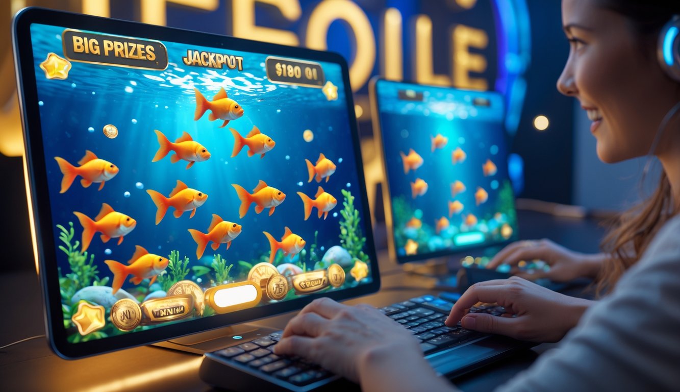 Seseorang bermain game tembak ikan dengan ikan mas berwarna emas di layar perangkat dalam suasana yang cerah dan modern.