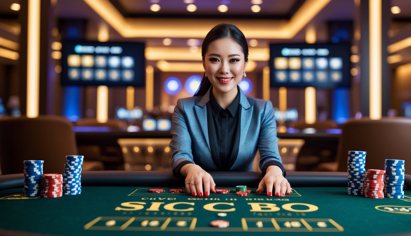 Seorang dealer kasino profesional duduk di meja permainan Sic Bo dengan dadu dan chip kasino di depan, suasana hangat dan menarik.