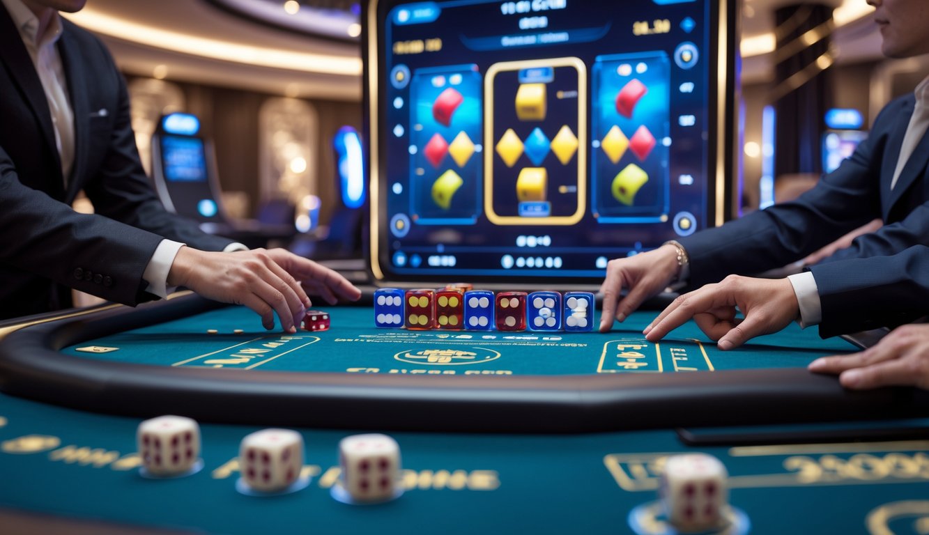 Meja kasino online dengan permainan Sic Bo dan beberapa pemain yang sedang memasang taruhan.