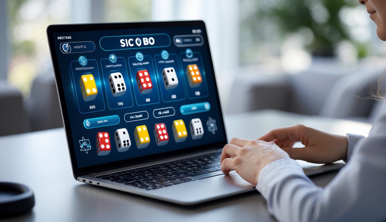 Seseorang menggunakan laptop dengan tampilan permainan Sic Bo online yang menampilkan dadu warna-warni dan opsi taruhan.