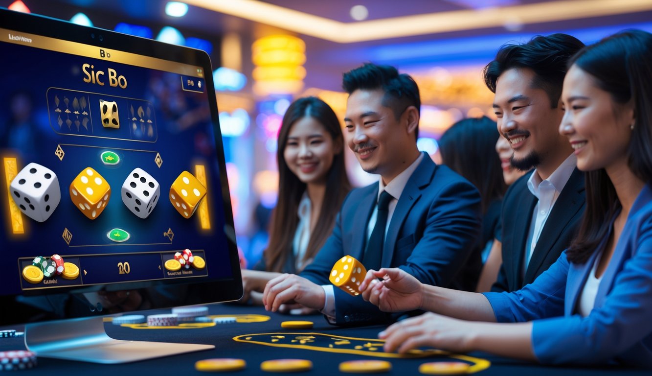 Orang-orang bermain permainan Sic Bo online di depan komputer dengan dadu tiga terlihat jelas di layar.