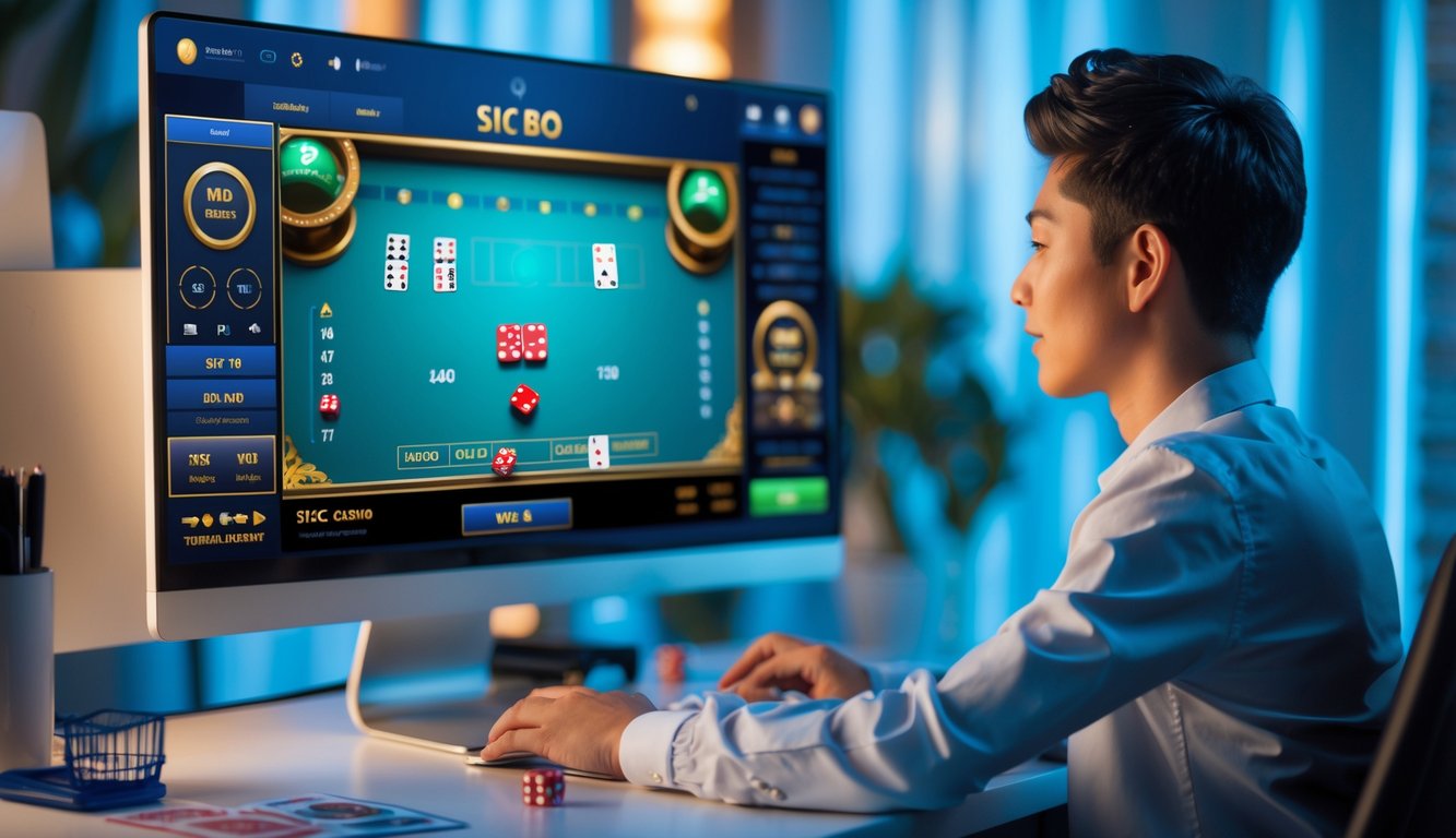 Seorang pemain muda sedang menggunakan komputer untuk bermain permainan Sic Bo kasino online dengan tampilan meja permainan dan dadu di layar.