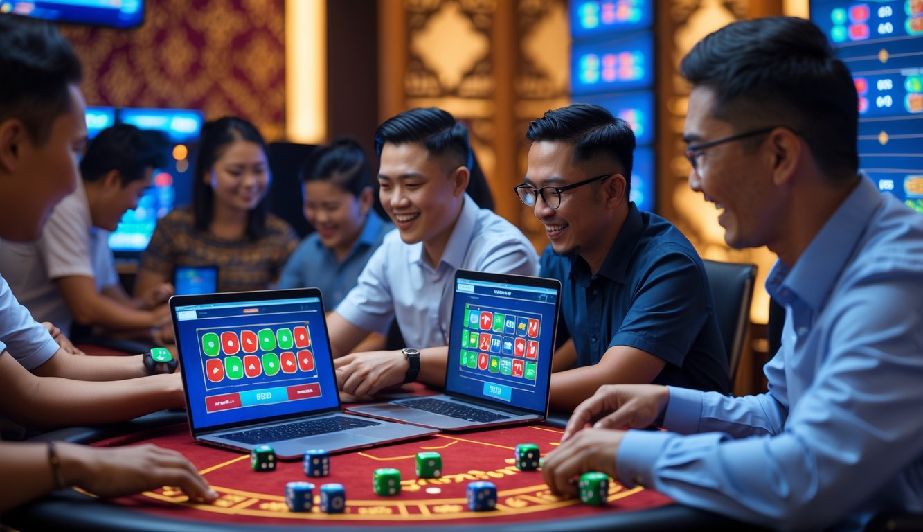 Sekelompok pemain Indonesia sedang bermain permainan Sic Bo secara online dengan antusias di lingkungan kasino digital yang modern.