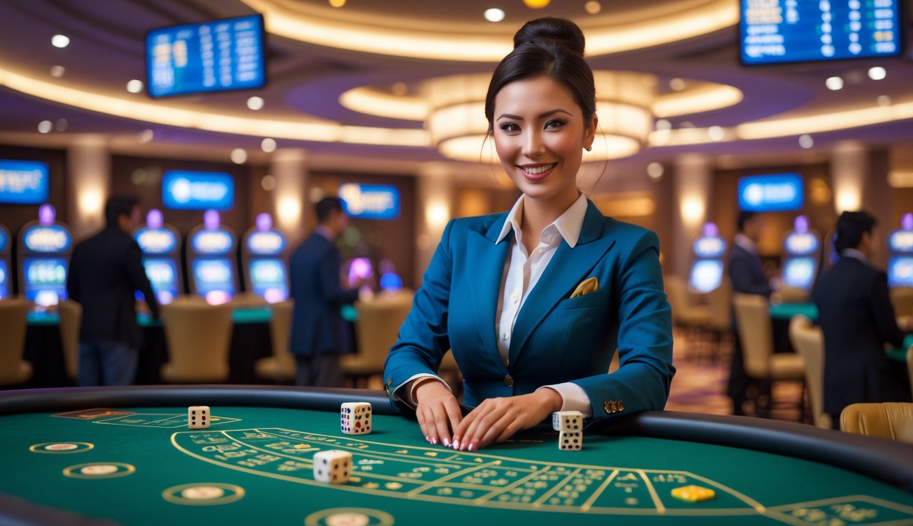 Seorang dealer profesional berdiri di belakang meja kasino dengan dadu Sic Bo dan area taruhan, dalam suasana kasino yang modern dan terang.