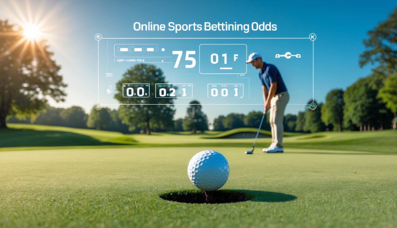 Pemandangan lapangan golf dengan bola dekat lubang dan seorang pemain golf sedang bersiap memukul bola.