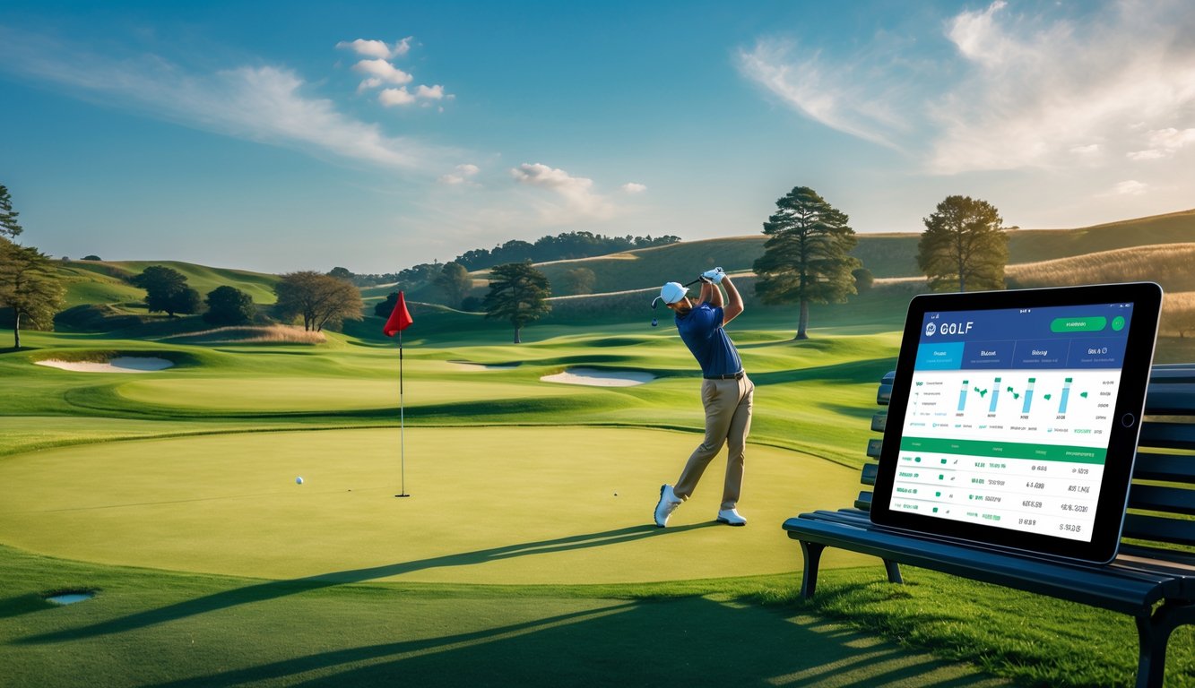Seorang pemain golf sedang mengayunkan tongkat golf di lapangan hijau dengan ponsel di bangku dekatnya yang menampilkan antarmuka taruhan golf.