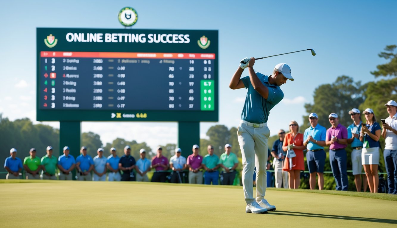 Seorang pegolf sedang melakukan ayunan di lapangan golf dengan papan skor digital dan penonton yang menggunakan ponsel untuk taruhan online di latar belakang.