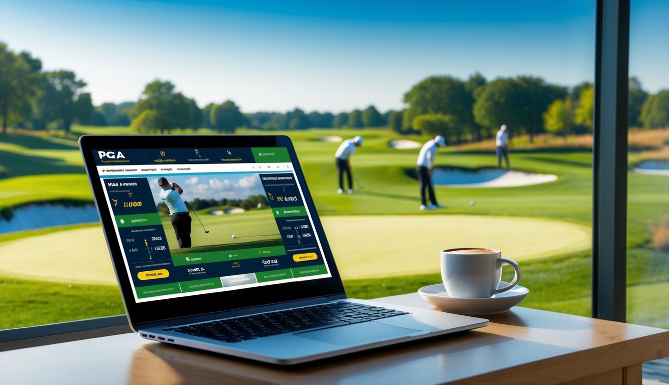 Seorang pria menggunakan laptop di meja dengan latar belakang lapangan golf hijau dan langit cerah, menampilkan suasana taruhan golf online yang aman dan mudah.