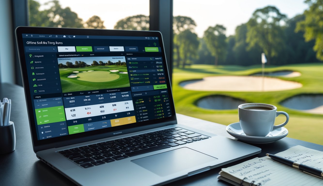 Seorang pria duduk di meja kerja dengan laptop yang menampilkan informasi taruhan golf, di belakangnya terlihat lapangan golf hijau melalui jendela besar.