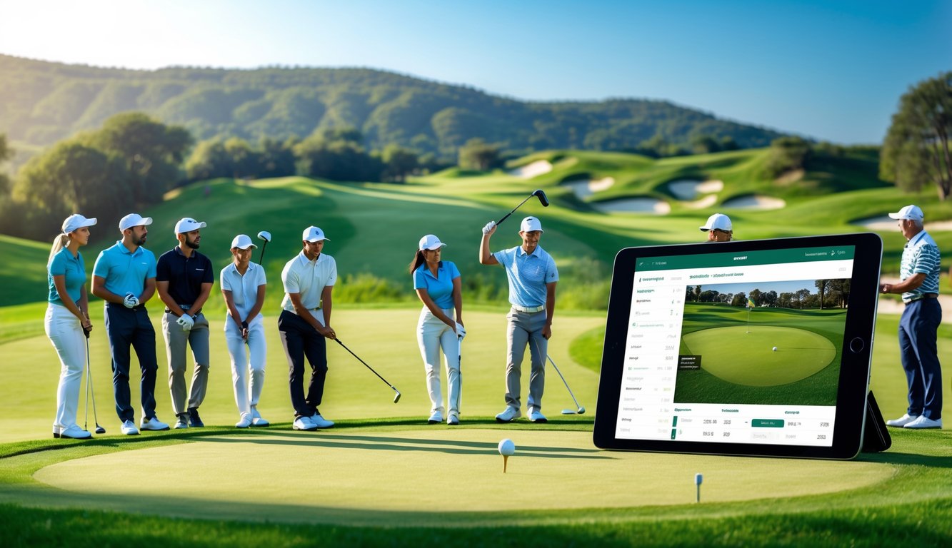 Beberapa pemain golf sedang bermain di lapangan golf yang hijau dengan langit cerah, salah satu pemain bersiap melakukan ayunan golf.