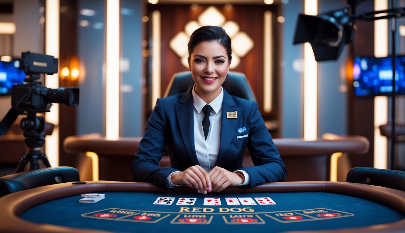 Seorang dealer profesional sedang memimpin permainan kasino Red Dog secara langsung dengan peralatan streaming di studio kasino modern.