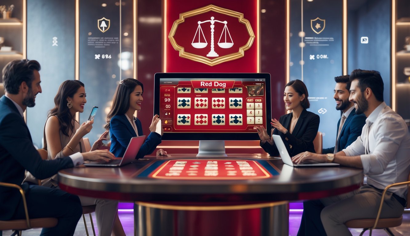 Sejumlah pemain duduk di depan perangkat digital bermain permainan kartu Red Dog secara online dalam suasana kasino yang modern dan profesional.