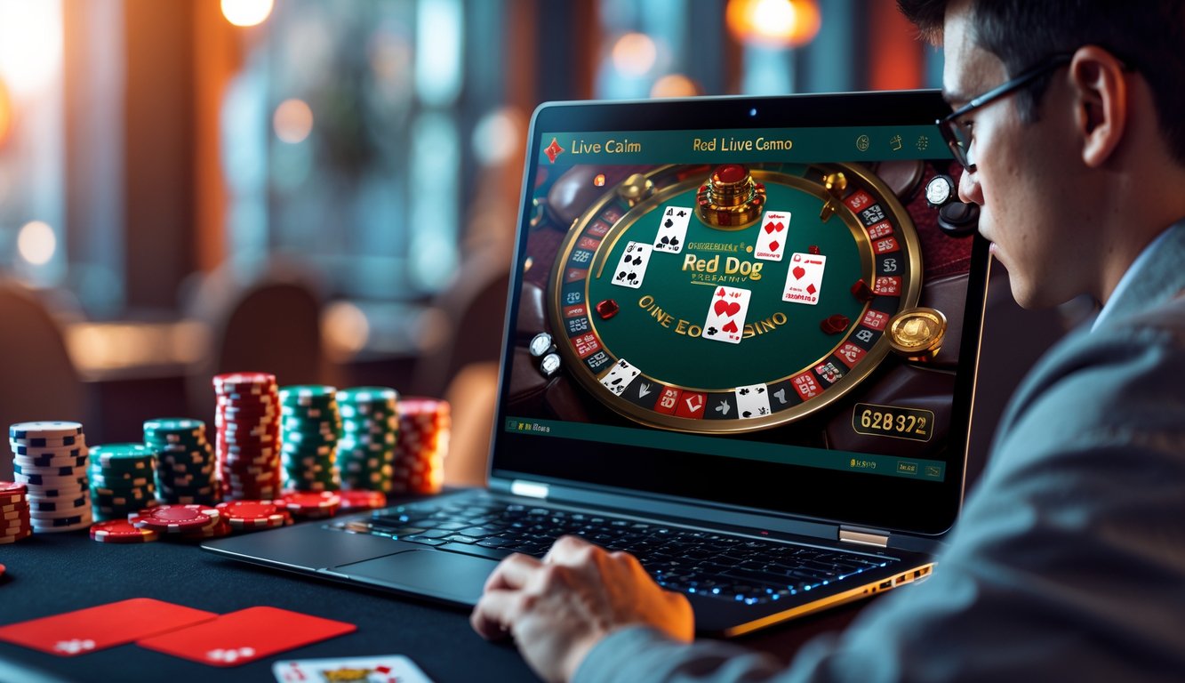 Seorang pemain muda sedang menggunakan komputer untuk bermain permainan kartu Red Dog di kasino online dengan suasana yang nyaman dan peralatan kasino di sekitarnya.