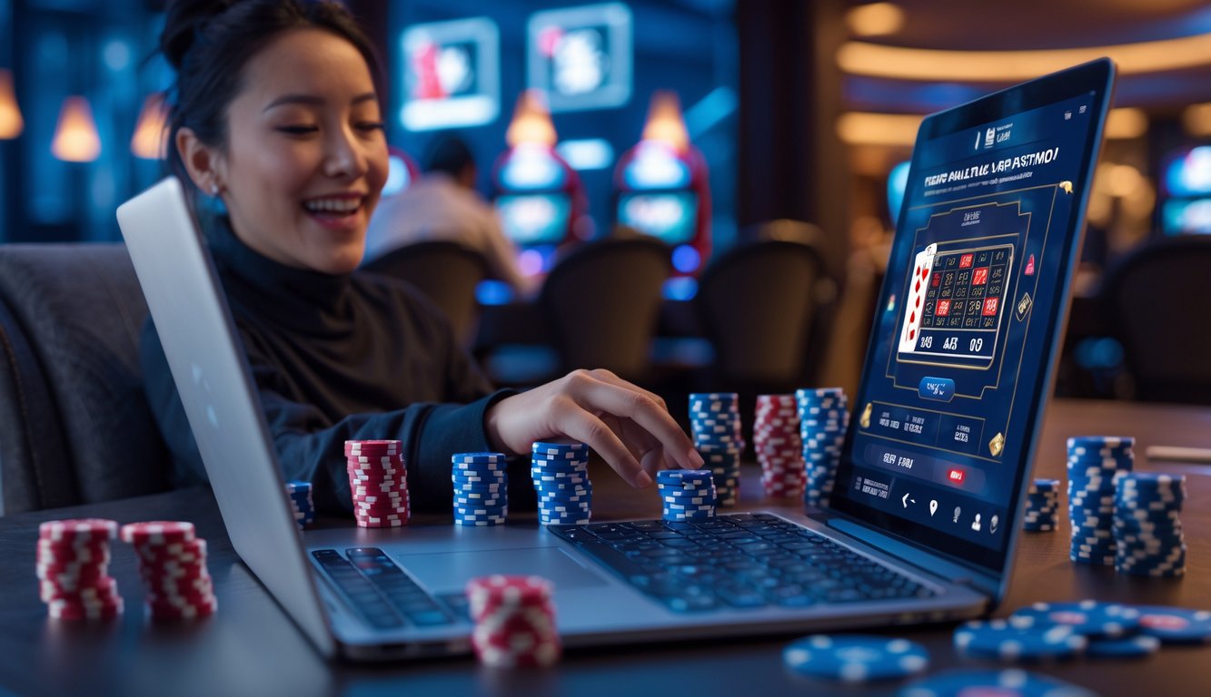 Seseorang bermain kasino Red Dog online di rumah dengan laptop, terlihat nyaman dan fokus, dengan latar belakang kasino tradisional yang ramai dan gelap.