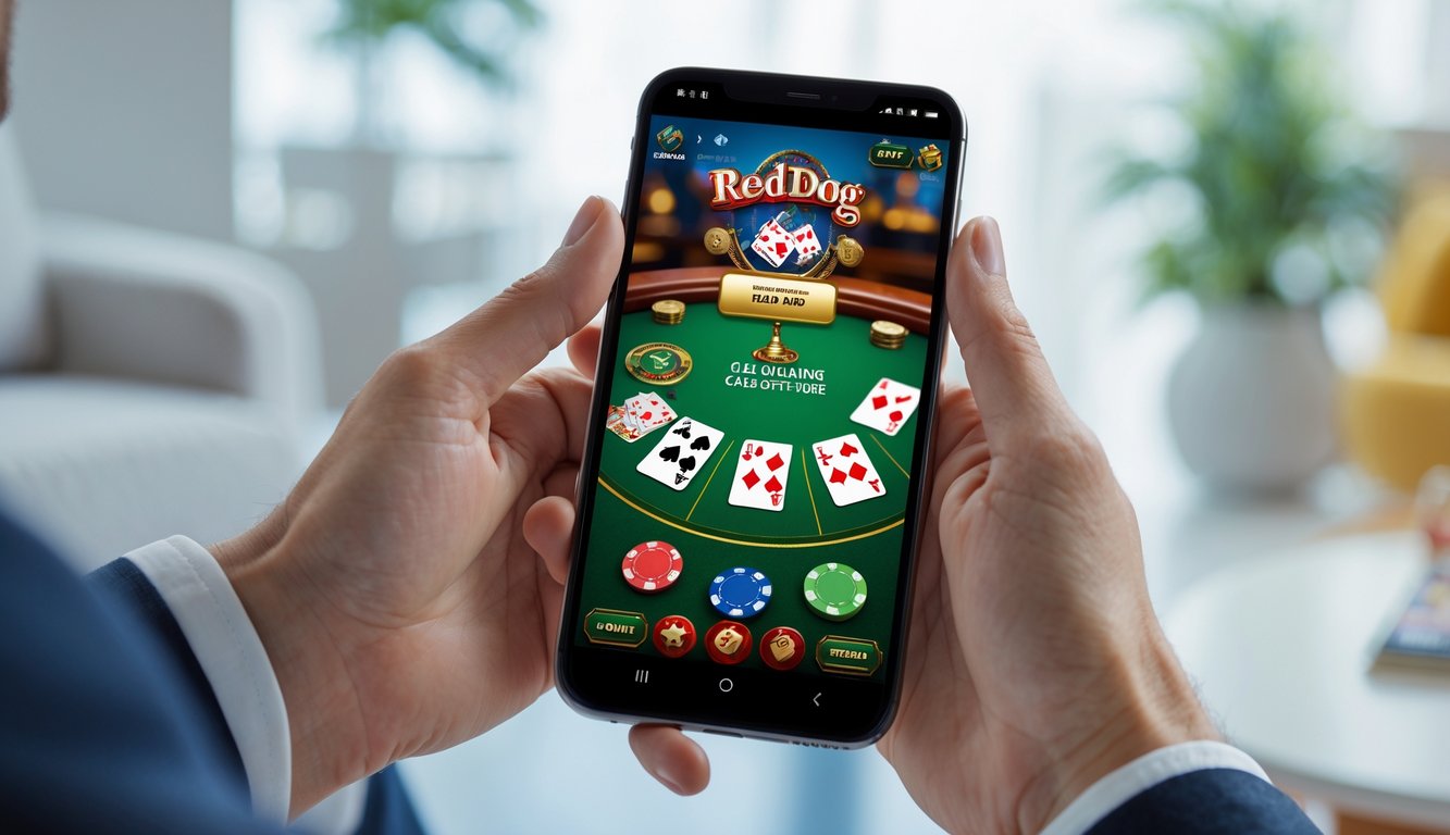 Seseorang memegang ponsel yang menampilkan permainan kartu Red Dog kasino online.