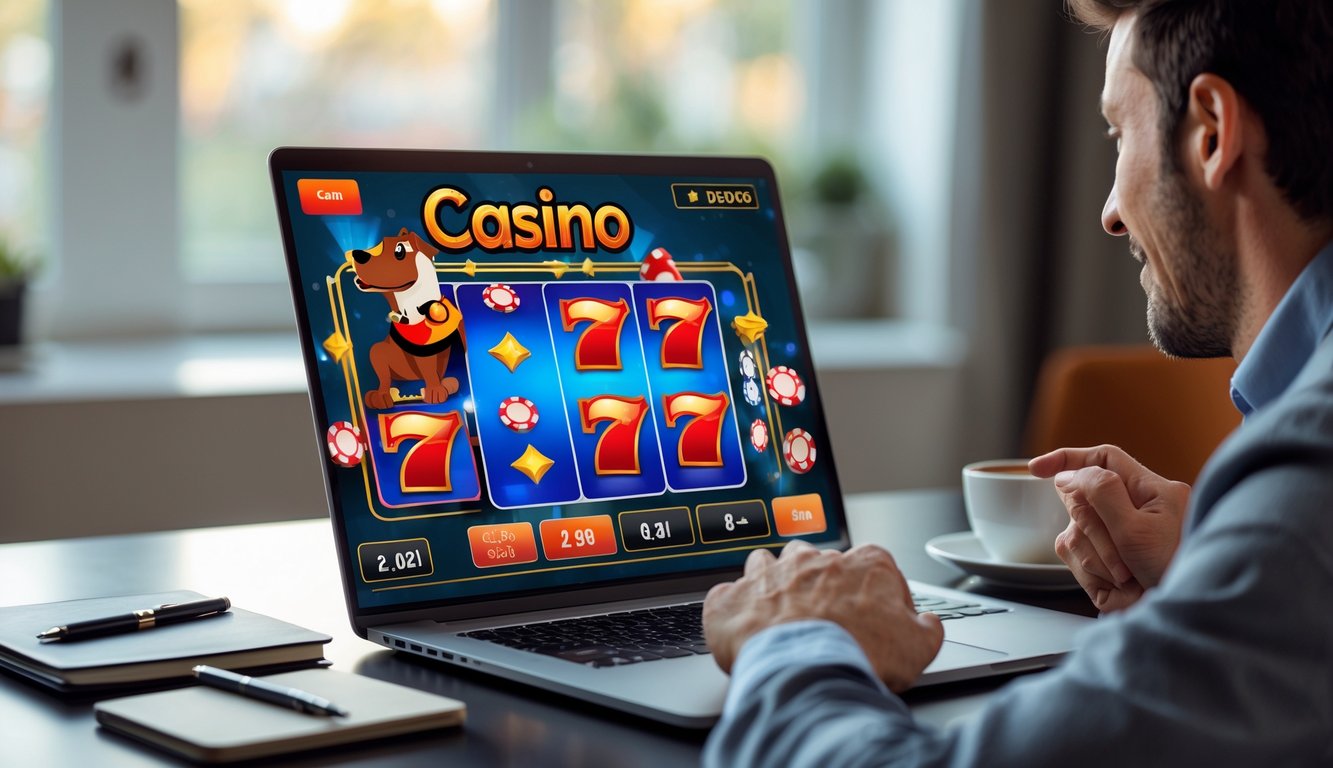 Seorang pria muda duduk di meja dengan laptop bermain permainan kasino online Red Dog, terlihat fokus dan santai di ruangan yang terang.