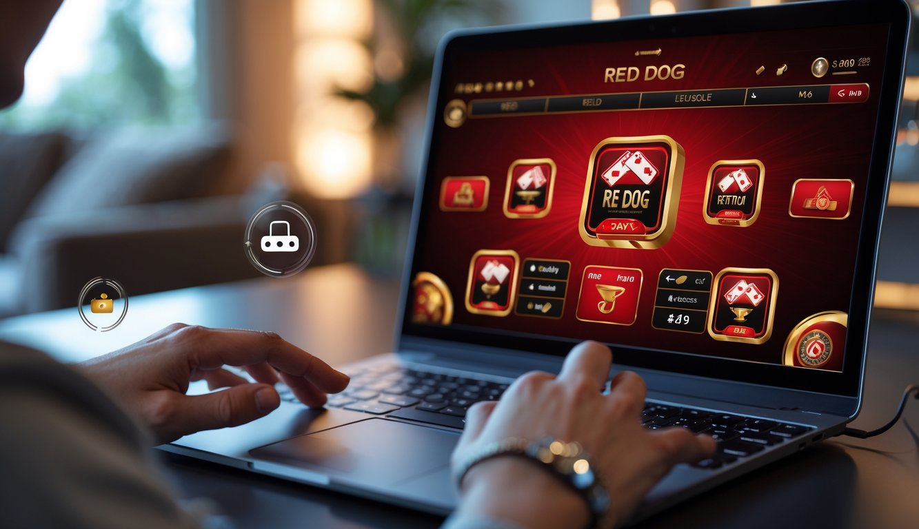 Seseorang menggunakan komputer dengan layar menampilkan permainan kartu Red Dog kasino online dalam suasana ruangan modern.