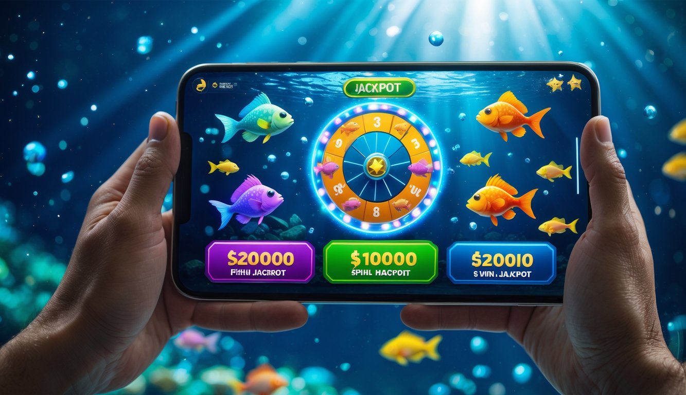 Seseorang menggunakan perangkat digital untuk bermain permainan ikan online dengan roda putar dan suasana bawah laut yang berwarna-warni.