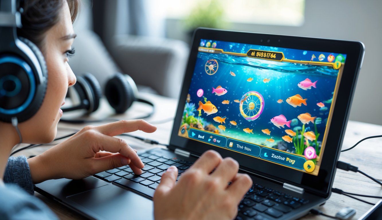 Seseorang sedang bermain permainan tembak ikan online di laptop dengan latar belakang suasana rumah yang nyaman.