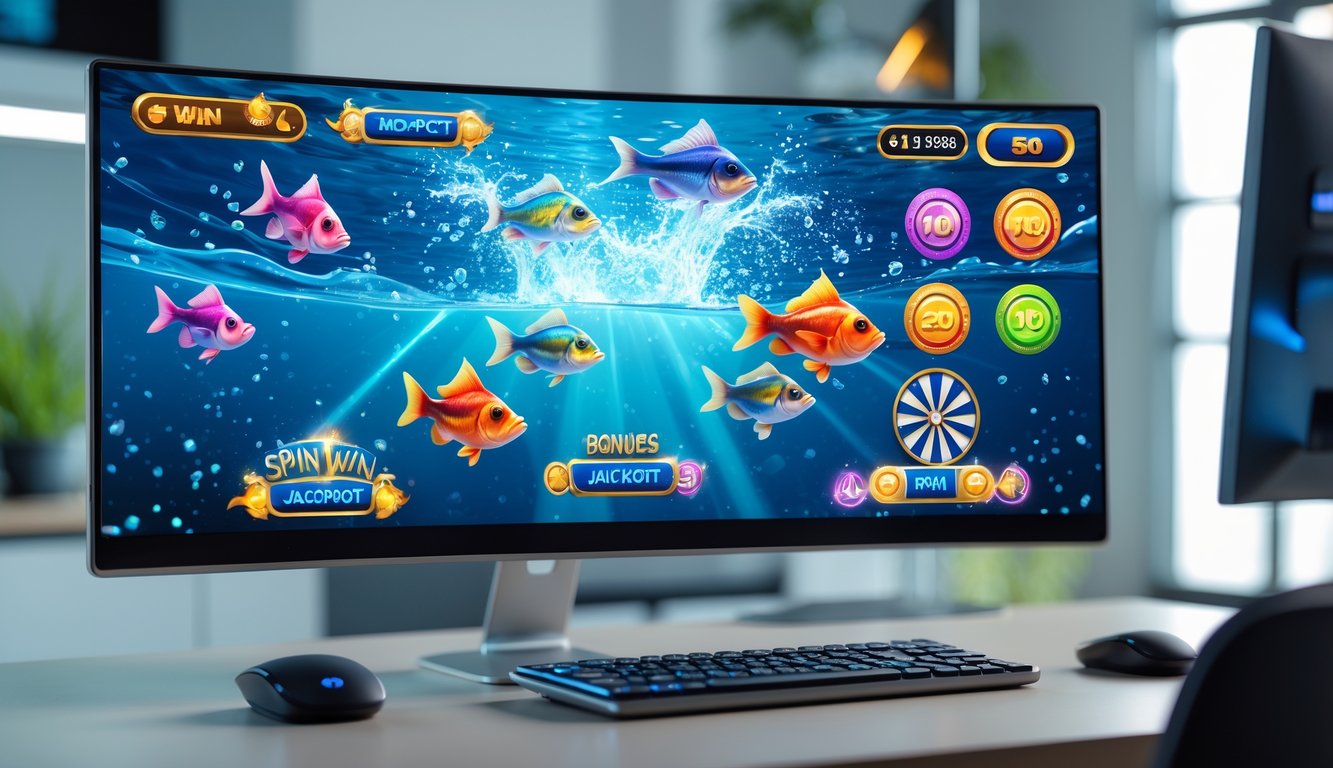 Layar perangkat menampilkan permainan memancing ikan dengan ikan berwarna-warni dan ikon bonus serta jackpot, di meja kerja modern.