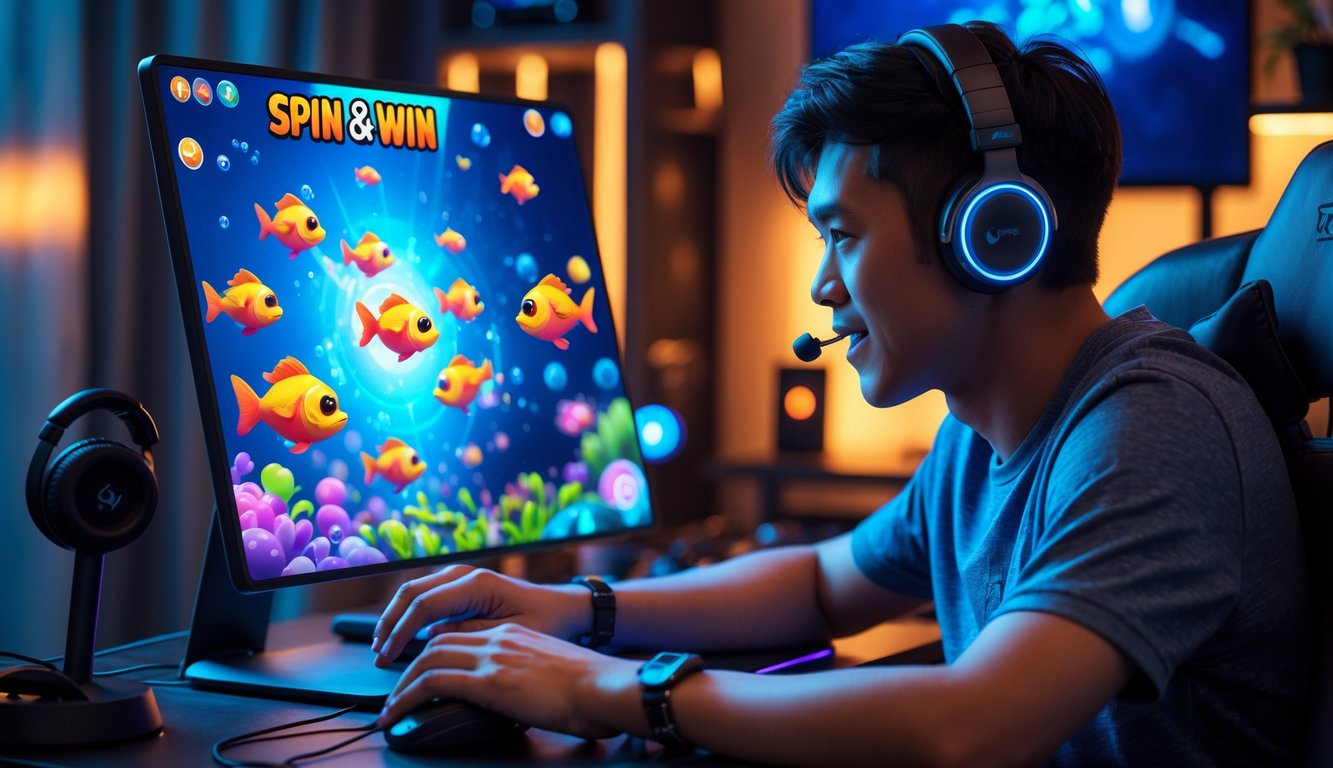Seorang pemain muda sedang bermain game tembak ikan online di depan layar komputer dengan latar belakang ruangan gaming yang nyaman.