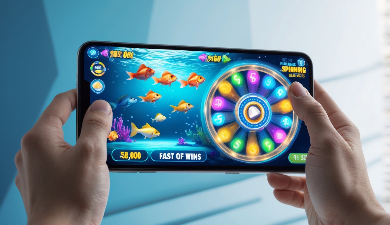 Layar perangkat digital menampilkan permainan memancing ikan dan roda putar dengan ikan berwarna-warni dan efek cahaya, menggambarkan permainan online yang menyenangkan dan cepat menang.