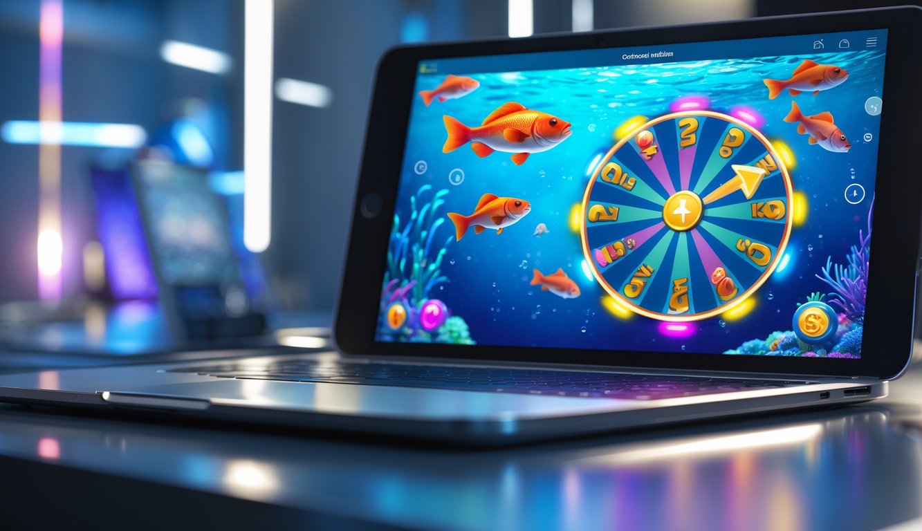 Layar perangkat digital menampilkan permainan tembak ikan dengan latar bawah laut dan roda jackpot berputar yang berwarna cerah.