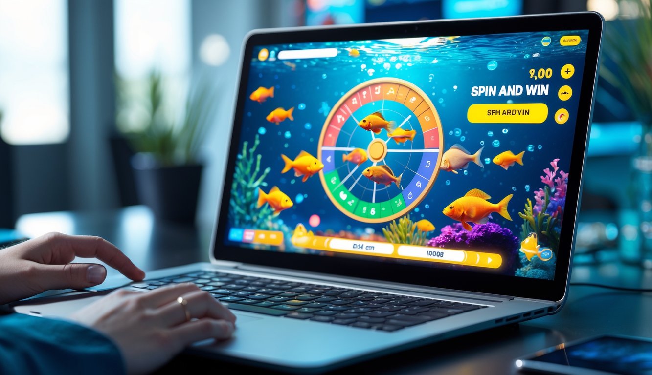 Seseorang bermain permainan tembak ikan online dengan layar komputer yang menampilkan ikan berwarna-warni dan roda putar di lingkungan kerja yang rapi.