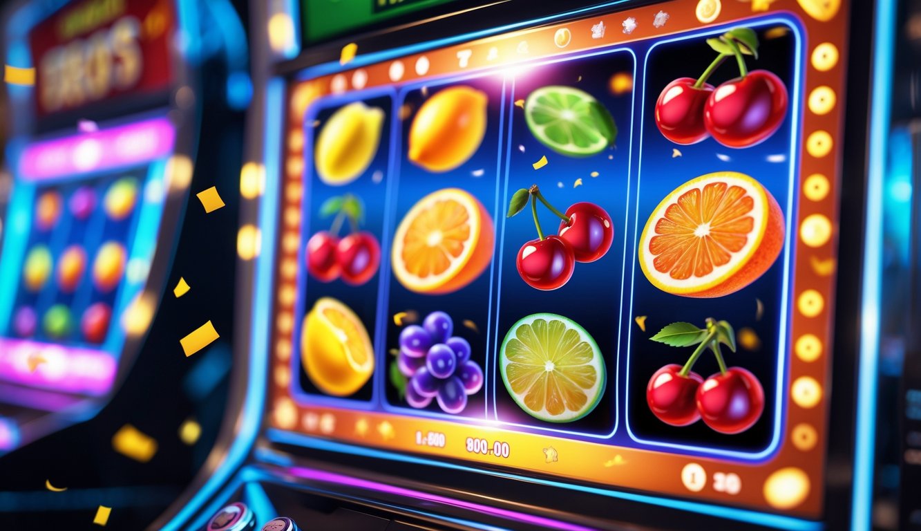 Layar mesin slot digital menampilkan simbol buah warna-warni seperti ceri, lemon, dan semangka dalam kombinasi kemenangan.