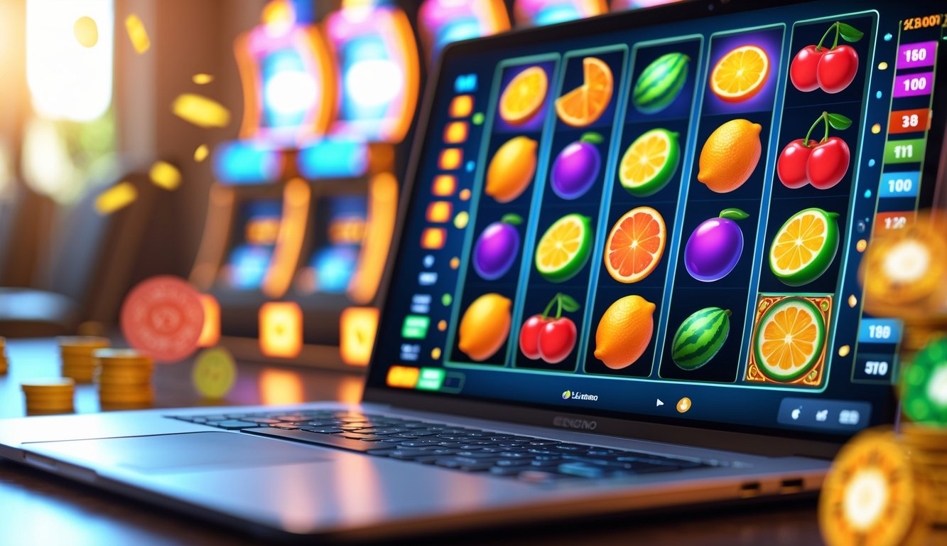 Layar komputer menampilkan permainan slot buah yang berwarna-warni dengan simbol ceri, lemon, dan semangka.
