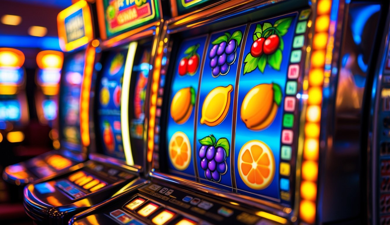 Mesin slot buah klasik dengan simbol buah berwarna cerah di dalam kasino yang terang.