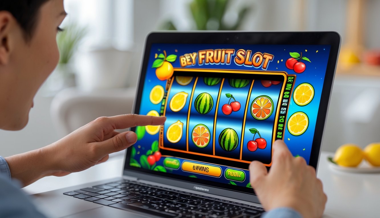 Seseorang bermain mesin slot buah online di laptop dengan latar rumah yang terang dan suasana senang.