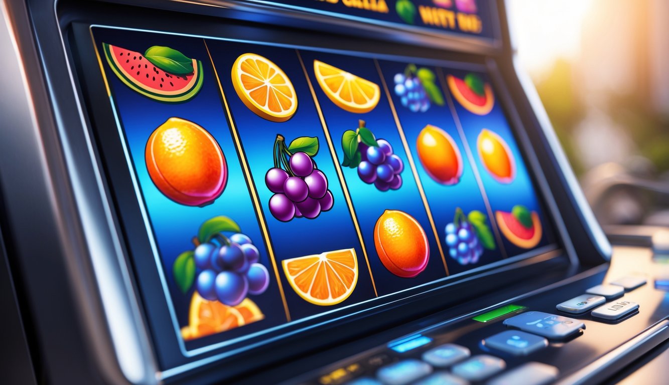 Tampilan mesin slot online dengan simbol buah berwarna-warni dalam kombinasi kemenangan.