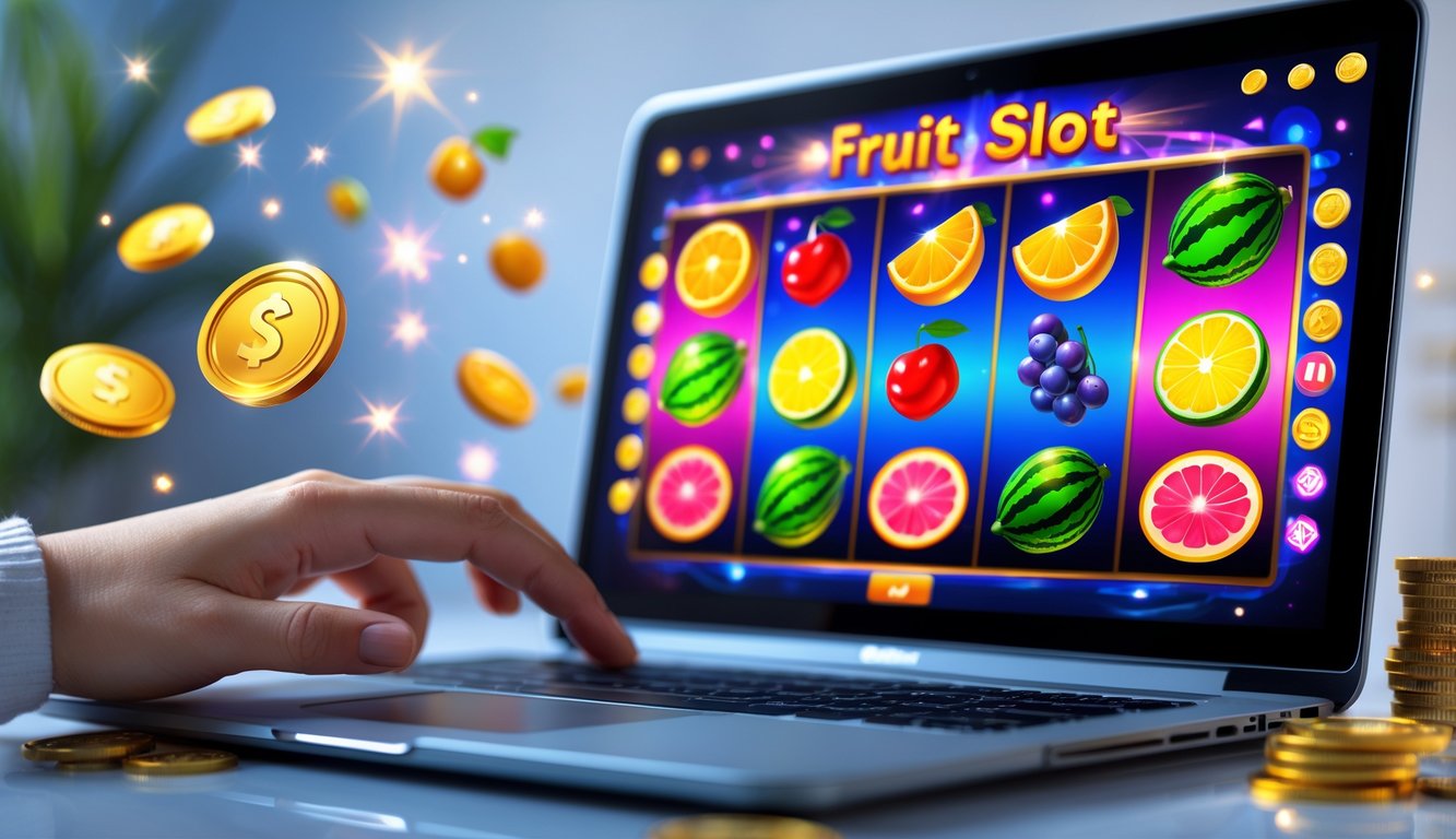 Layar laptop menampilkan permainan slot buah online dengan simbol buah berwarna cerah dan koin berkilau di sekitarnya.