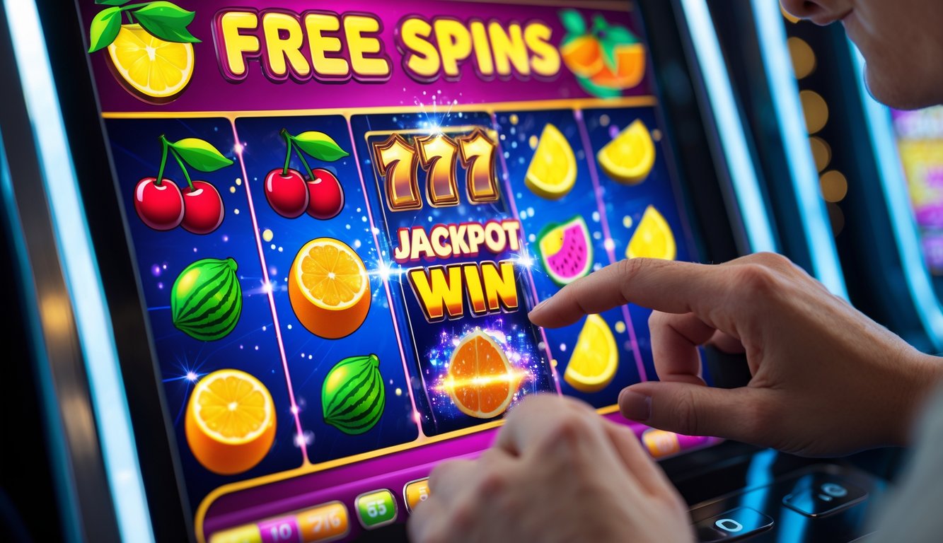 Tampilan mesin slot online dengan simbol buah berwarna-warni dan animasi kemenangan yang menunjukkan putaran gratis dan jackpot.