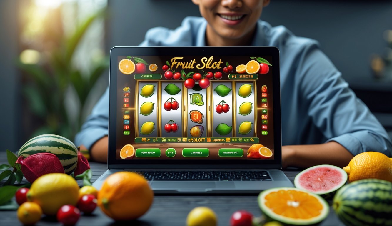 Seorang pemain Indonesia tersenyum fokus di depan laptop yang menampilkan permainan slot buah dengan buah segar di sekitar meja.