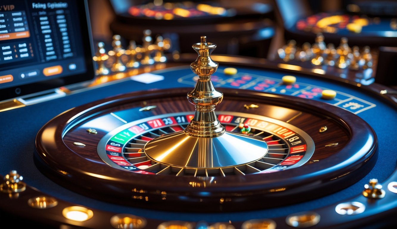 Meja roulette eksklusif dengan roda roulette dan antarmuka taruhan limit tinggi dalam suasana kasino mewah.