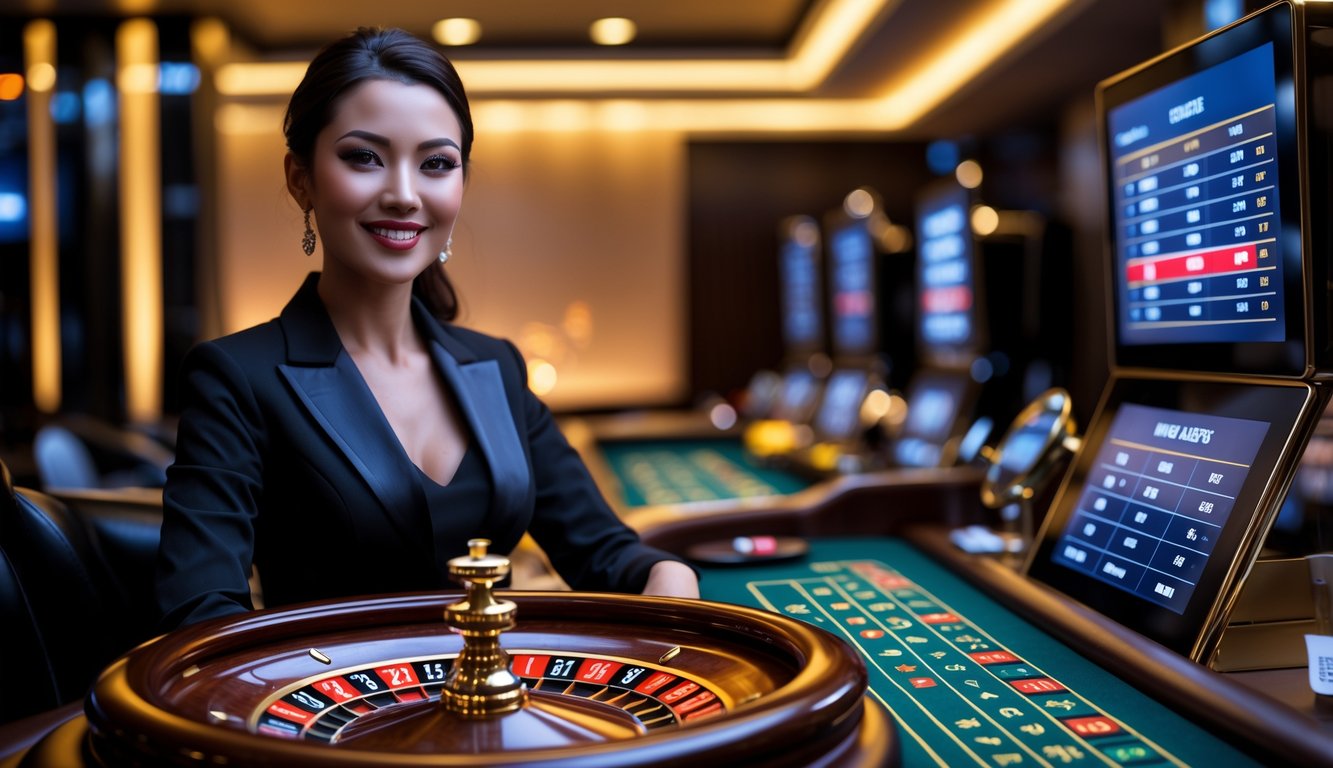 Seorang dealer wanita profesional di meja roulette mewah dengan roda roulette dan layar digital di latar belakang.