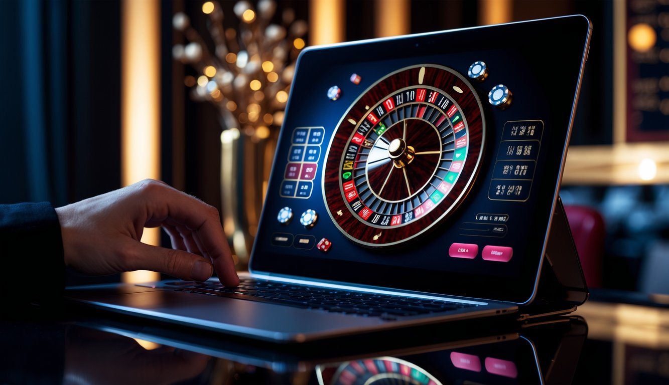 Seseorang bermain roulette online di laptop dengan roda roulette berputar di layar dalam suasana mewah dan elegan.