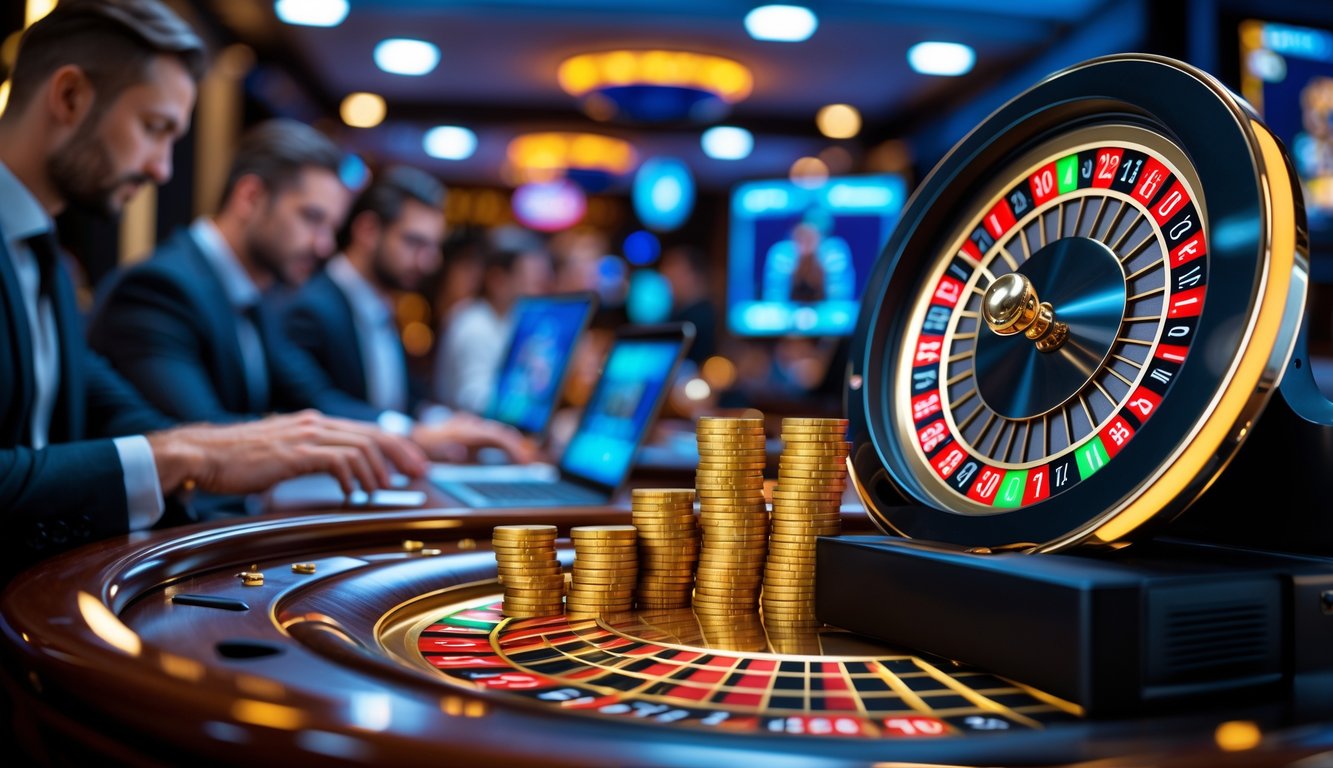 Sebuah meja roulette digital mewah dengan chip emas dan layar berwarna cerah, dikelilingi oleh pemain yang menggunakan laptop dan ponsel.