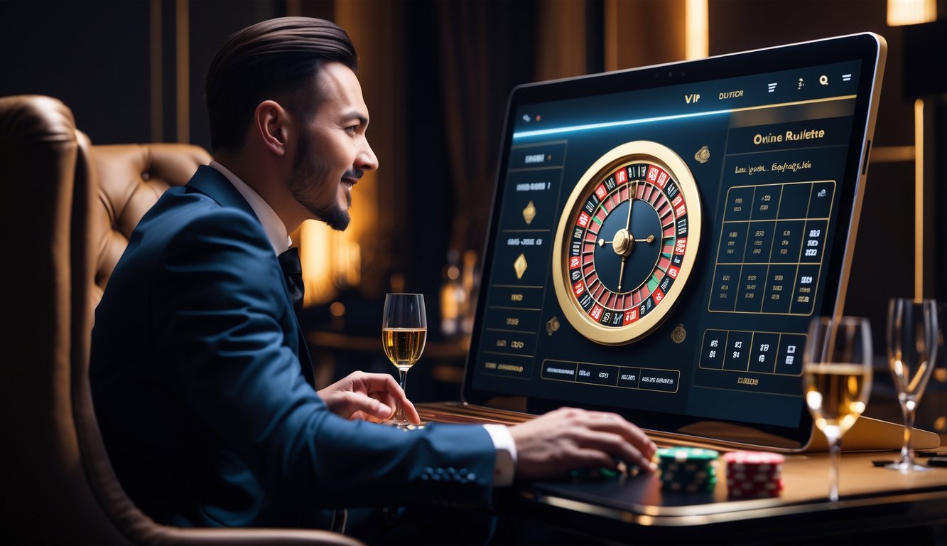 Seorang pemain mewah sedang bermain roulette online di lingkungan yang elegan dan eksklusif.