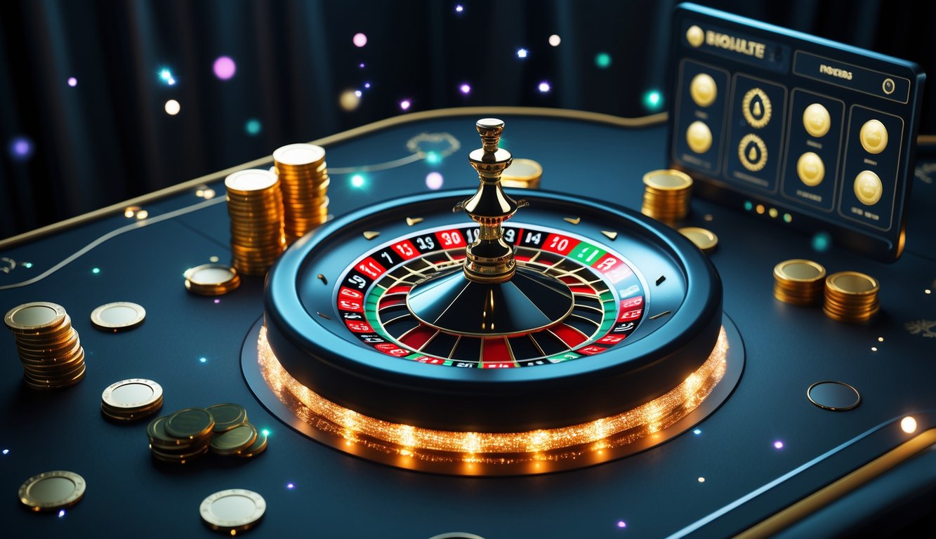Sebuah meja roulette digital dengan roda berwarna merah, hitam, dan hijau yang menyala, dikelilingi oleh chip emas dan efek cahaya yang menunjukkan suasana permainan online eksklusif.