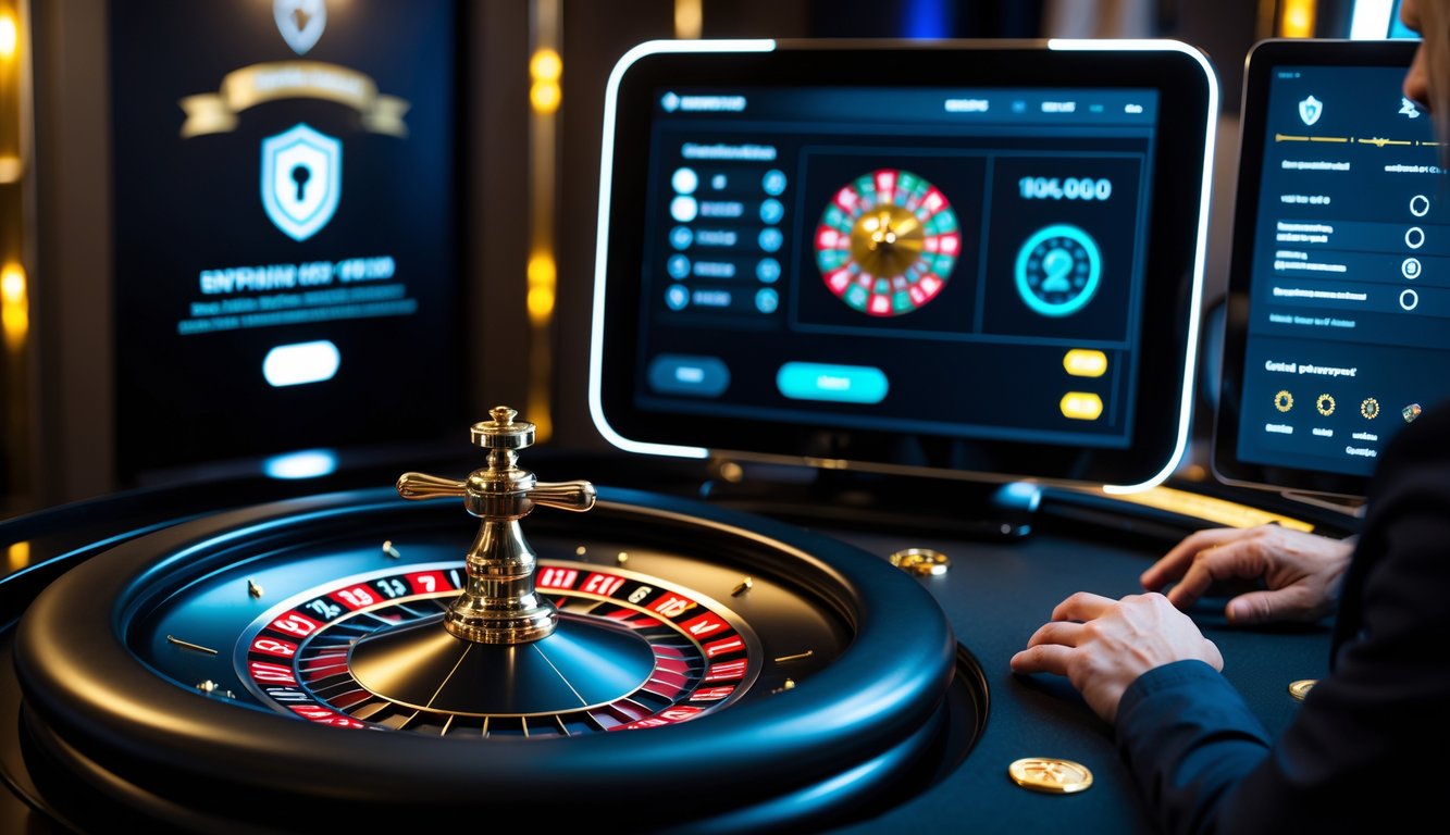 Meja roulette online VIP dengan tampilan modern dan elemen keamanan tingkat tinggi di layar digital.