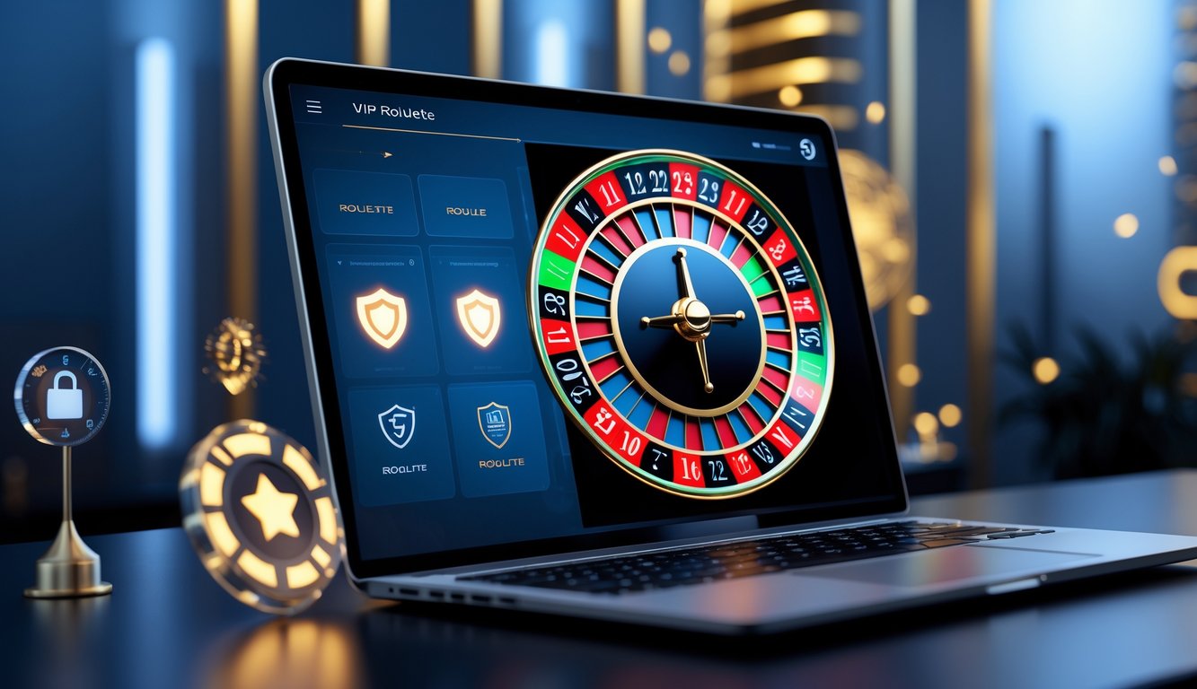 Sebuah layar komputer menampilkan roda roulette digital dengan latar belakang suasana kasino online yang mewah dan aman.