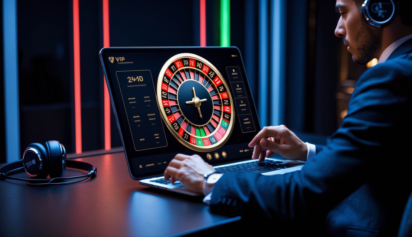 Seseorang sedang bermain roulette online di laptop dengan suasana mewah dan pencahayaan lembut.